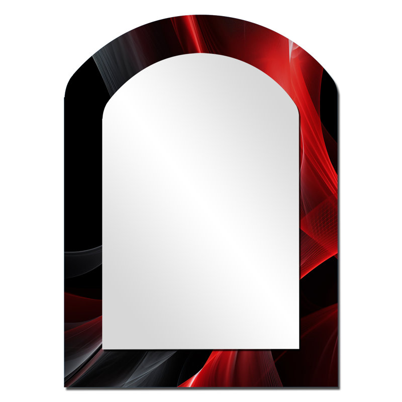Red Black Contemplative Abstraction V - Waves Asymmetrical Decorative Wall Mirror, Modern Arch Mirror, Printed Metal Art
