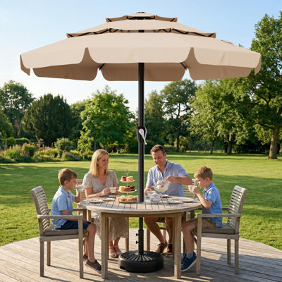 12FT All-Steel 3-Tier Fringed Patio Umbrella with Crank Handle, UPF 50+ UV Protection, 14 Ribs, Water Repellent Outdoor Umbrella for Deck, Backyard & Poolside, Beige