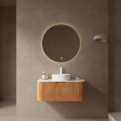 Meuble-lavabo moderne avec lavabo, étui flottant de 36 po. Lavabo en céramique blanche, comptoir en marbre artificiel. Armoire en contreplaqué en bois naturel. Vaste espace de rangement, tiroir silencieux à fermeture en douceur. Rayures 3D