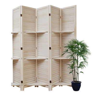Paravent avec tablettes, écran en bois pliable de 5,6 pi avec charnières doubles