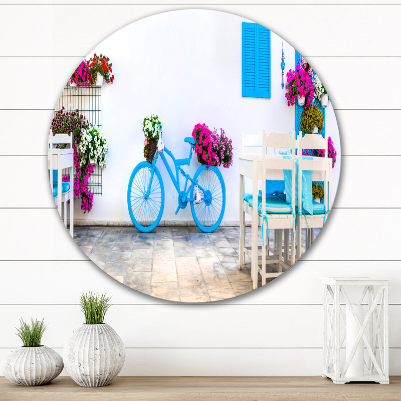 Bleu, bicyclette ancienne avec fleurs - cercle industriel en métal, art mural, H 36 po x l 36 po