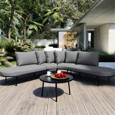 Mobilier de patio courbé en demi-lune, structure en fer toutes saisons, 6 personnes, coussins gris, assise moelleuse avec table basse, sièges, coussins épais