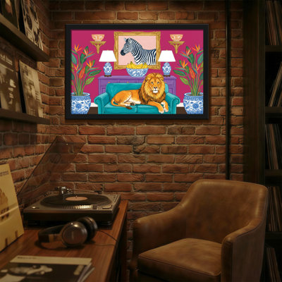 Animals Lion On Couch With Zebra Portrait