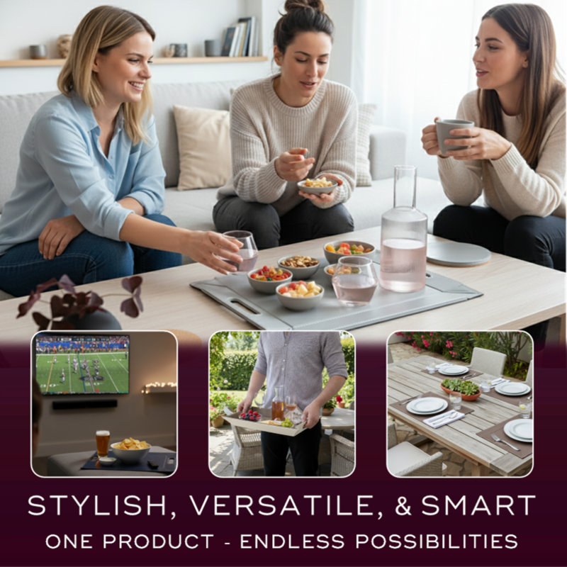 Plateau de service et napperon convertible 2-en-1 Freeform, similicuir de qualité supérieure - plateau repose-pieds, plateau de canapé et plateau de recouvrement avec poignées, réversible - chocolat et crème 4 pièces