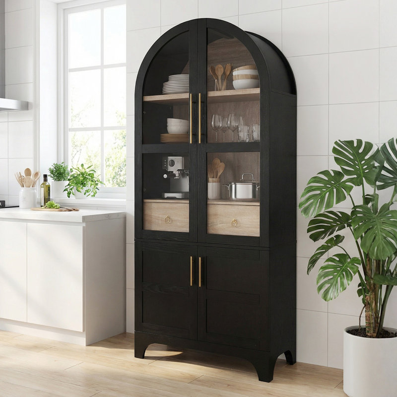 Grand garde-manger de style campagnard arqué 71 po - porte vitrée, tablettes réglables et tiroir caché