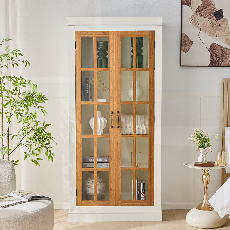 Freestanding Glass Door Pantry, Farmhouse Style Display Carwile with Lattice Windows for Hallways, Living Room, Kitchen & Office