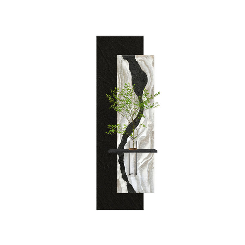 Art mural en grès noir et blanc avec verdure hydroponique - Murale d'entrée, H 82,68 po x l 27,56 po x P 2,36 po