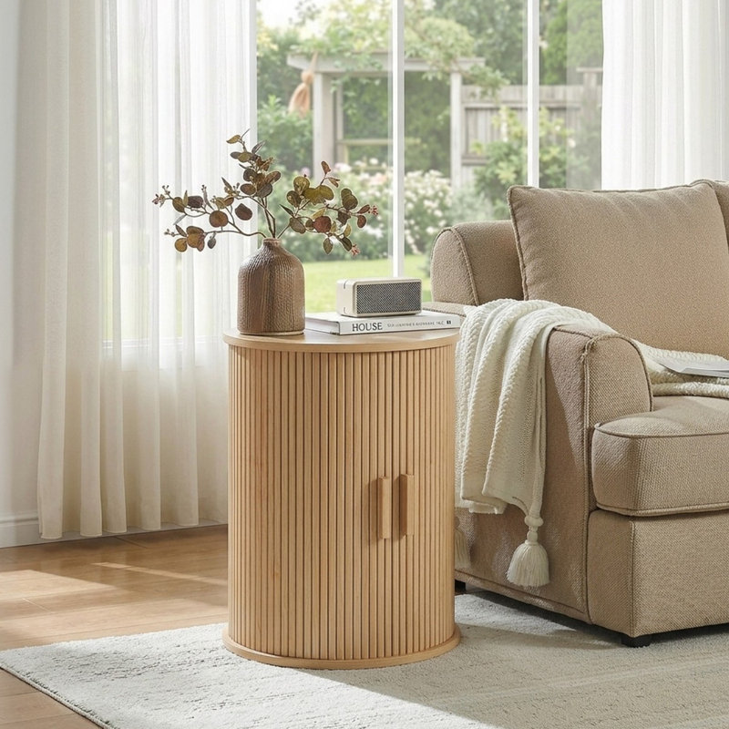 Fluted Round End Table Set (Set of 2), Oak Wood