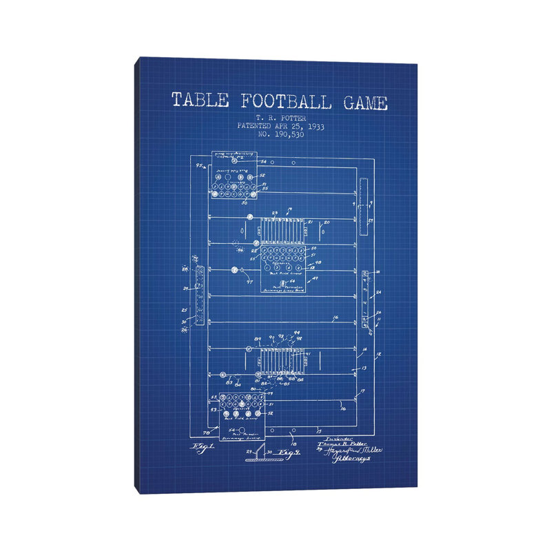 T.R. Potter Table Football Game Patent Sketch (Blue Grid) by Aged Pixel - Wrapped Canvas Painting