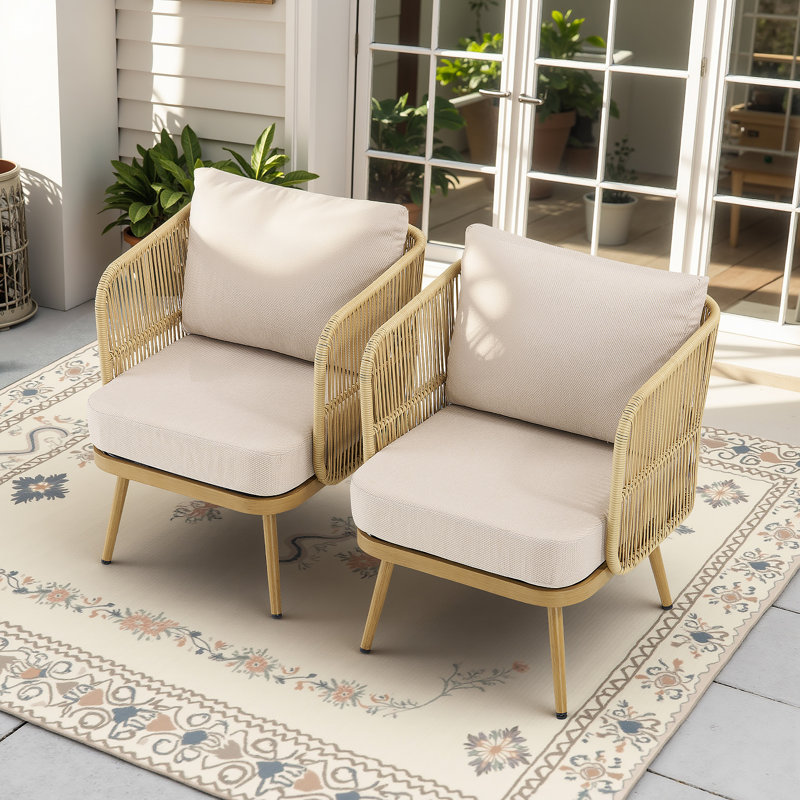 2-Piece All-Weather PE Wicker Patio Chairs Set With 4" High-Density Cushions, Rattan Barrel Chairs For Porch, Backyard, Garden