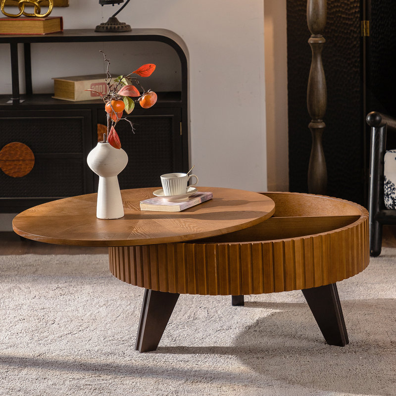 Table basse ronde de 31,5 po avec espace de rangement rétro, convenant au salon et au bureau, naturel