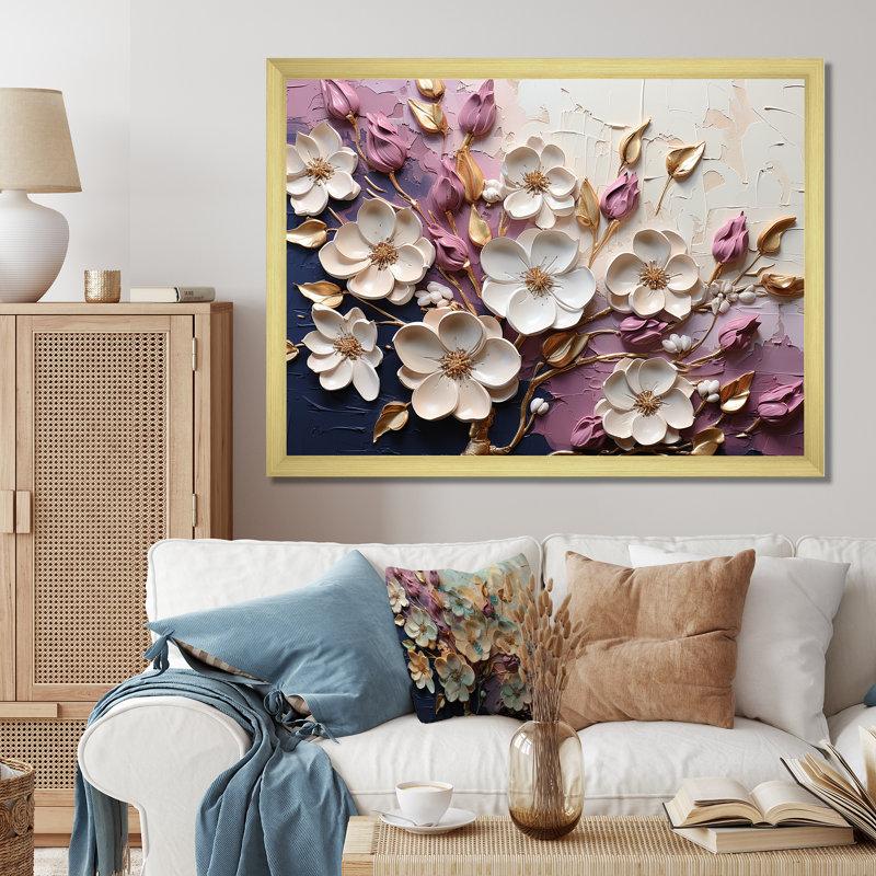 Fleurs de pavot blanches et mauves - Art floral abstrait sur toile, Cadre d'angle fermé doré, H 34 po x l 44 po x P 1,5 po