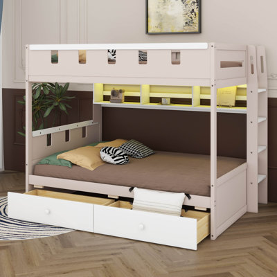 Castle Style Bunk Bed With 2 Storage Drawers, Wood Bunk Bed Frame With Open Shelf And LED
