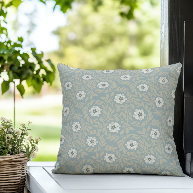 Coussin décoratif extérieur Gracey Floral - résistant aux rayons UV et aux intempéries, Carré 18 po, Bleu cendré