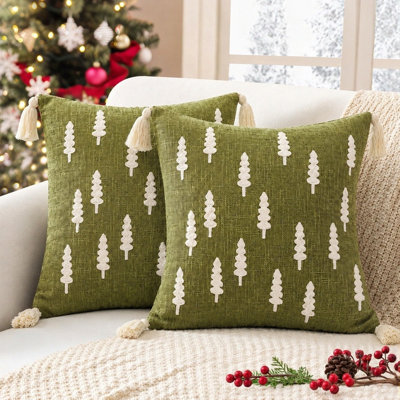 18 x 18 Inch Embroidered Christmas Tree Throw Pillow Covers with Tassels