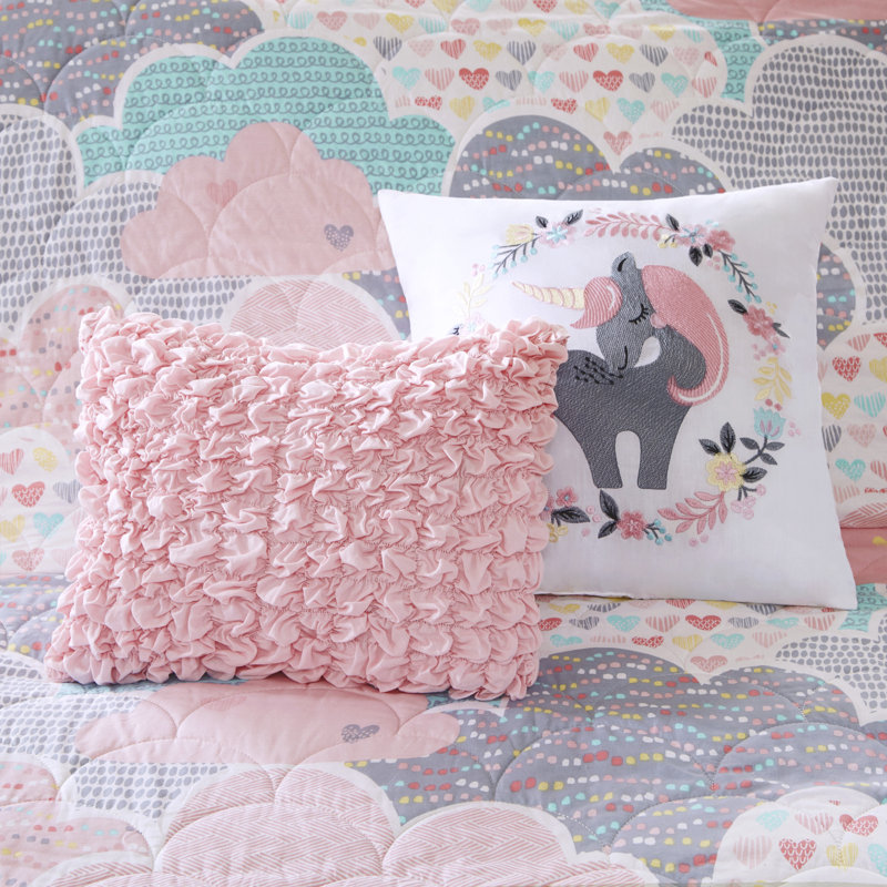 Cloud Hypoallergenic Cotton Reversible Coverlet Set with Throw Pillows, Twin Coverlet+1 Standard Sham+2 Throw Pillow, Pink