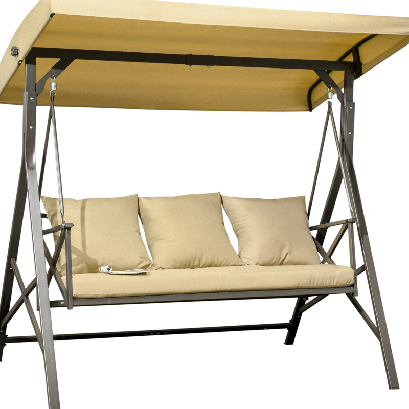Balançoire d'extérieur 3 avec auvent et auvent réglable à 3 coussins de patio ergonomiques, de couleur kaki - convient au jardin, au bord de la piscine, dans la cour arrière, d'une hauteur de 70 po