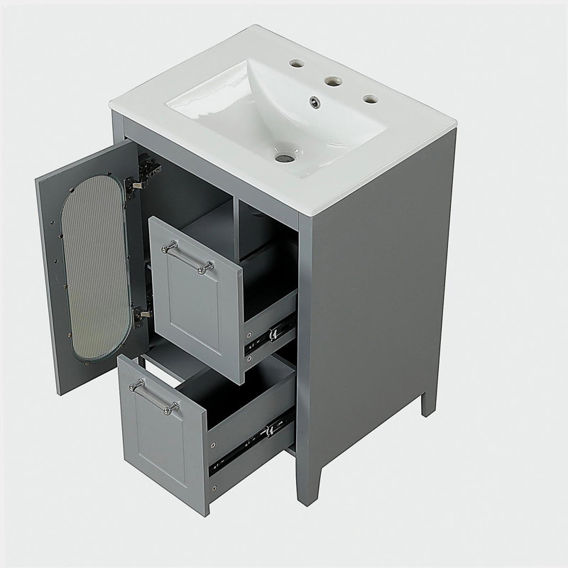 Meuble-lavabo de 24 po avec lavabo, deux tiroirs et portes, tablettes réglables en bois et panneau de fibres à densité moyenne