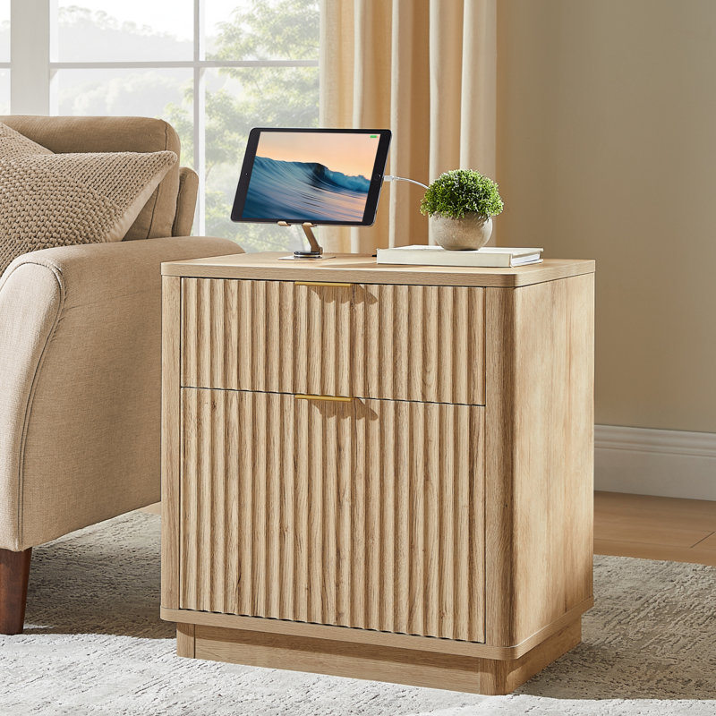 23'' Fluted Nightstand With Mid-Century Modern, Natural Oak