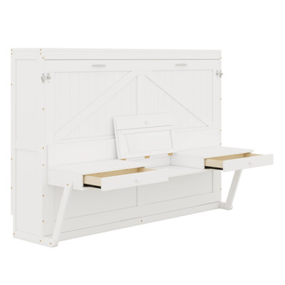 Lit escamotable avec rangement, armoire-lit pliable avec coiffeuse, miroir central et 2 tiroirs latéraux