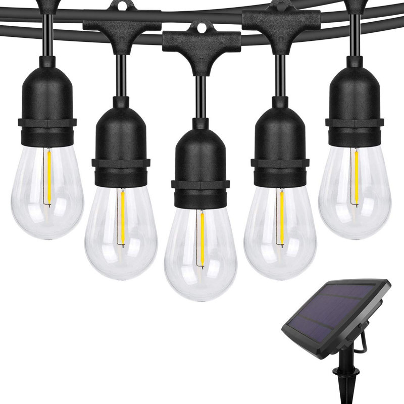 48ft 15-Bulb Solar-Powered Outdoor Standard String Lights Warm White Glow, Shatterproof, Dusk to Dawn On/Off