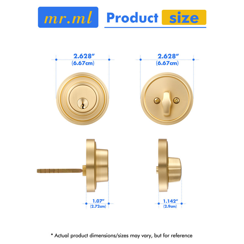 Verrou de sécurité MRML à pêne dormant, finition or brossé, à un cylindre, avec clé, pour porte d'entrée extérieure.