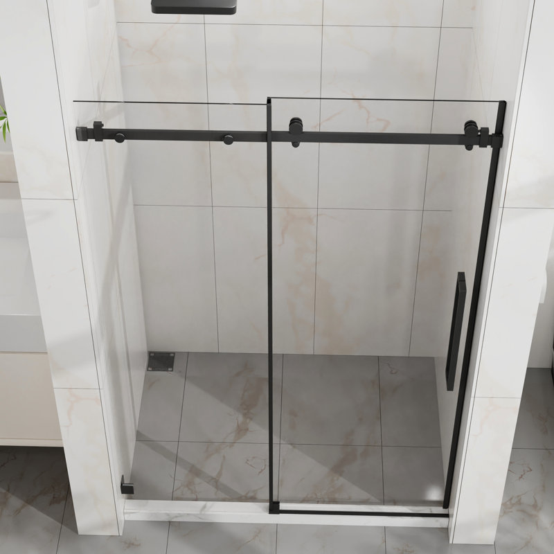 Porte de douche coulissante en verre trempé 6 mm, l 48 po, conception réversible, technologie anti-éclaboussures pour salle de bain noir mat, verre enduit de 6 mm de 6 mm, et lisse