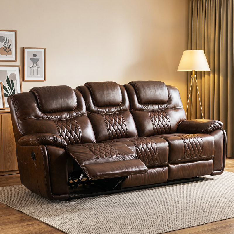 Jepum 86.6" W Top-Grain Genuine Leather Sofa, Espresso