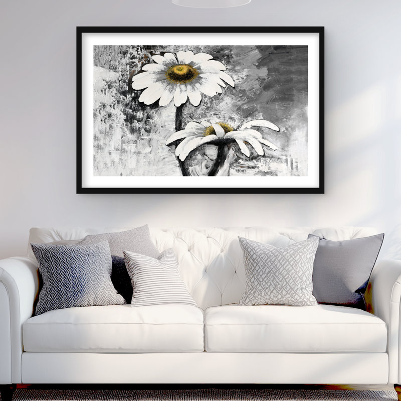 Fleurs de marguerites abstraites - reproduction encadrée industrielle avec passe-partout, H 36 po x l 24 po, Noir