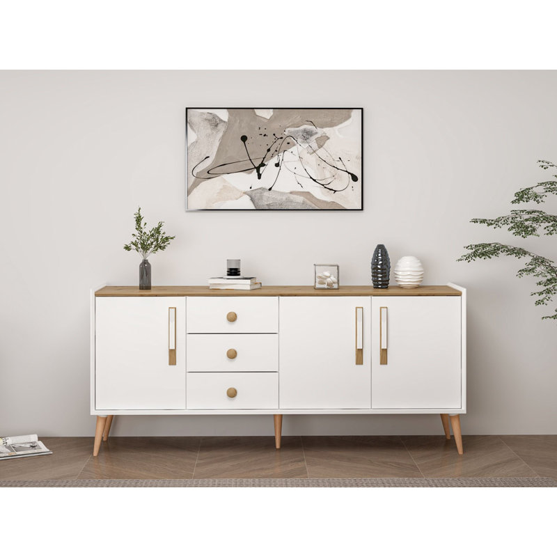 Modern Console Table, White, 70.9 x 31.5 x 17.7 inches | 100% Melamine Coated Particle Board, Thickness: 0.7 inches | Wooden Legs, Wall-Mountable, Multiple Shelves | Scandinavian Design for Stylish Home Décor