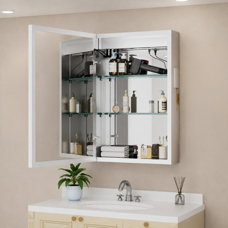 Armoire à pharmacie avec miroir à DEL, l 20 po x H 28 po avec éclairage à intensité variable, désembuage, très grand espace de rangement, tablettes en verre réglables, encastré ou à fixation en surface, homologué ETL