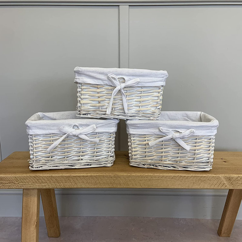 Rectangular Wicker Storage Basket with Removable Lining, White Wash