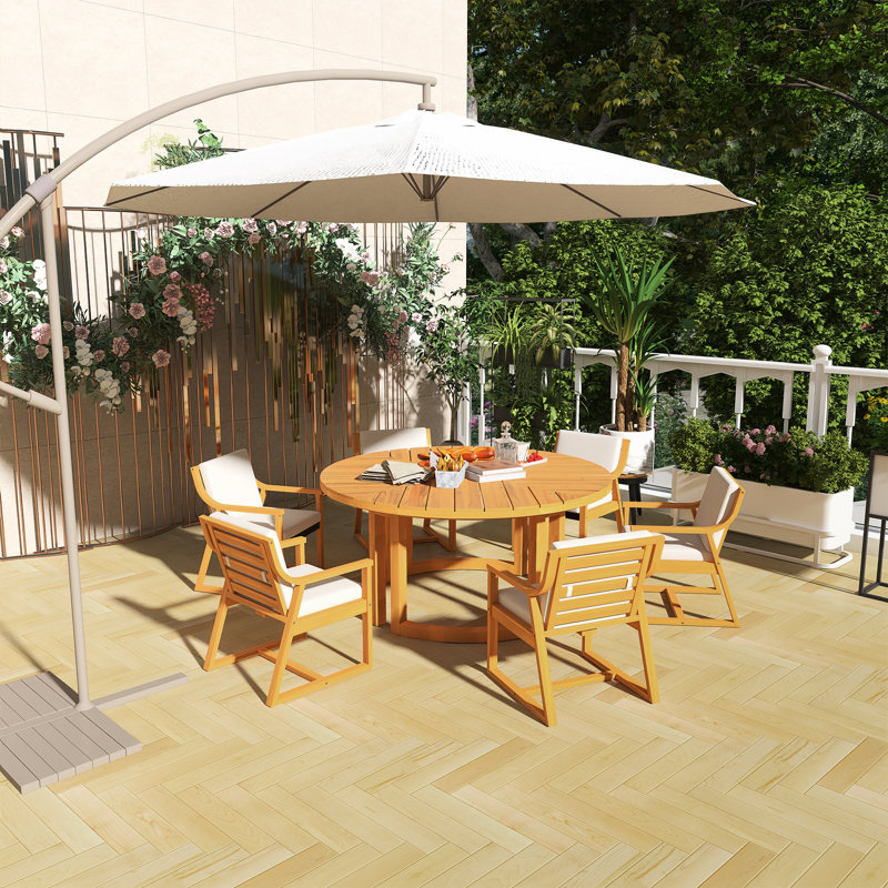 Ensemble de salle à manger 7 pièces pour l'extérieur, table en bois massif avec 6 chaises rembourrées, style rustique avec trou pour parasol, convient aux jardins et aux patios