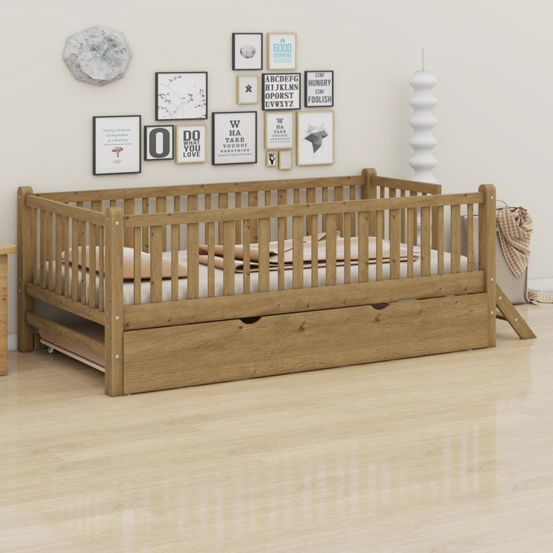 Wood Platform Bed With Guardrail And Trundle, Walnut