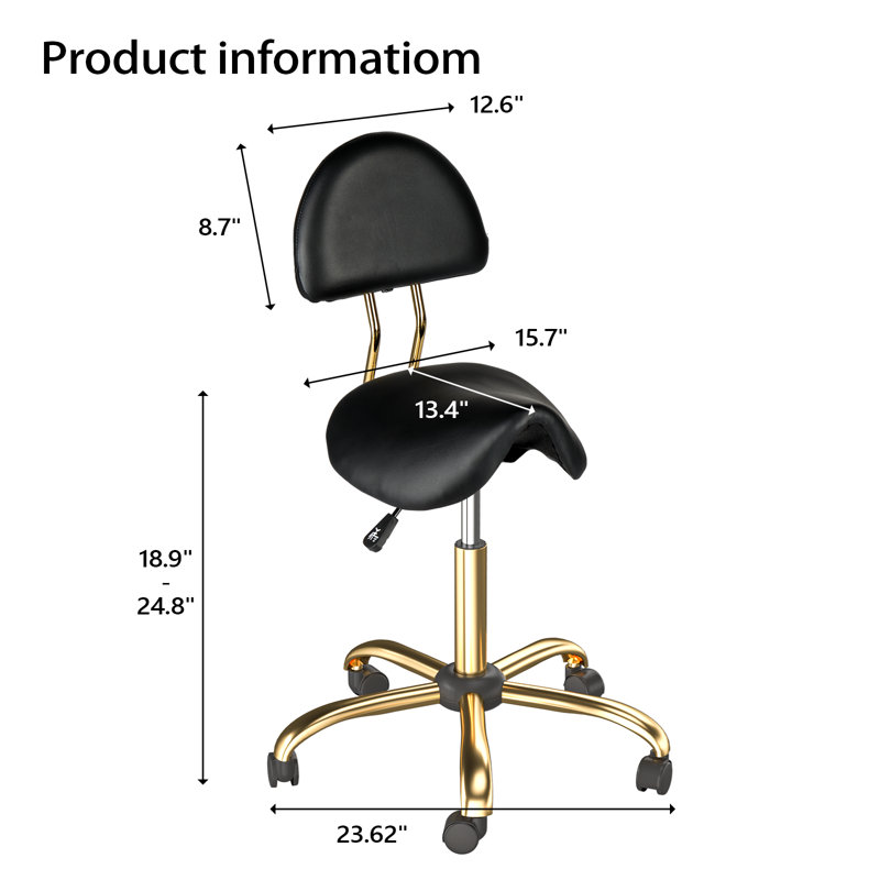 Drafting Chair,Ergonomic Saddle Stool With Back Support,Tall Adjustable Rolling Stool Black Gold, Black