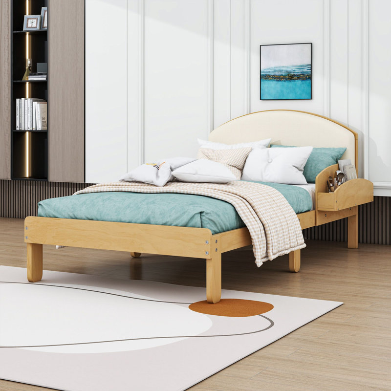 Lit plateforme tapissier avec tête de lit courbée et rembourrée, Lit simple, Naturel
