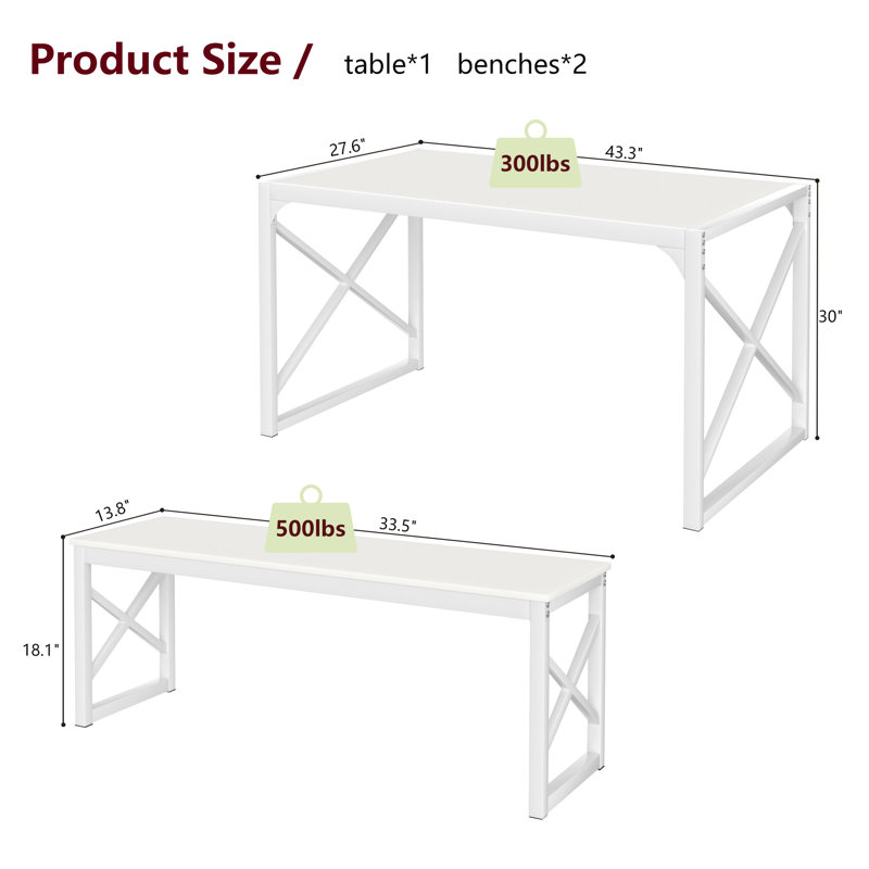 White 3-Piece Dining Table Set With Benches – Kitchen, Small Space, Farmhouse, 30" H x 27.6" W x 43.3" D
