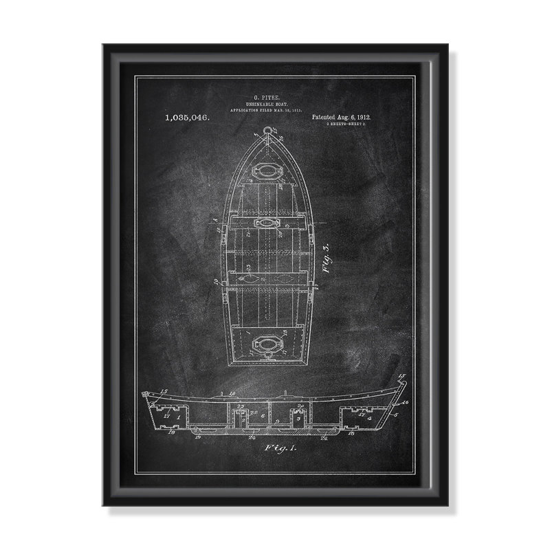 «Boat 1 Blueprint - Black - Floater Frame», impression sur toile, H 28 po x l 22 po x P 2 po, Cadre noir