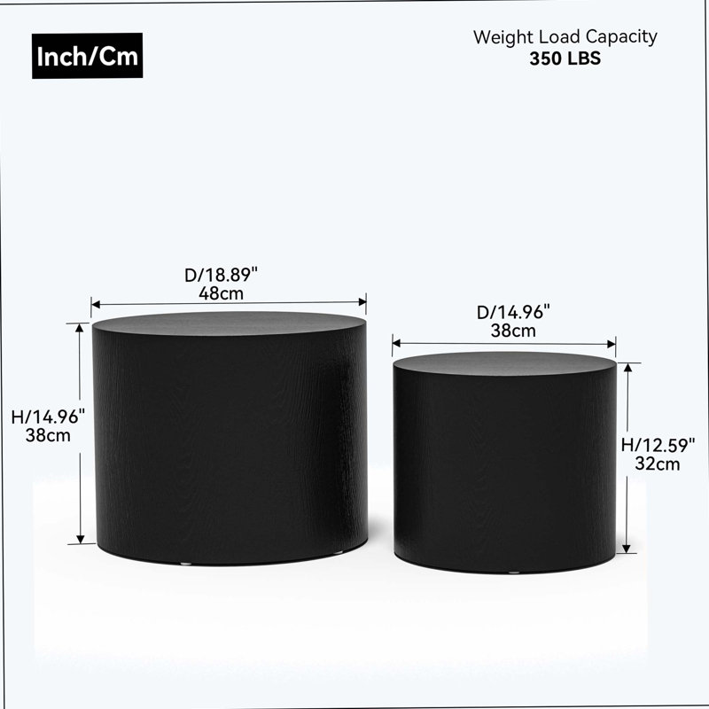 with ash, oak, veneer side table, coffee table, end table, nesting table set of 2, Matte Black