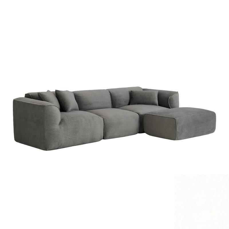 L-Shape Sectional Sofa With 3 Throw Pillows, Gray Velvet