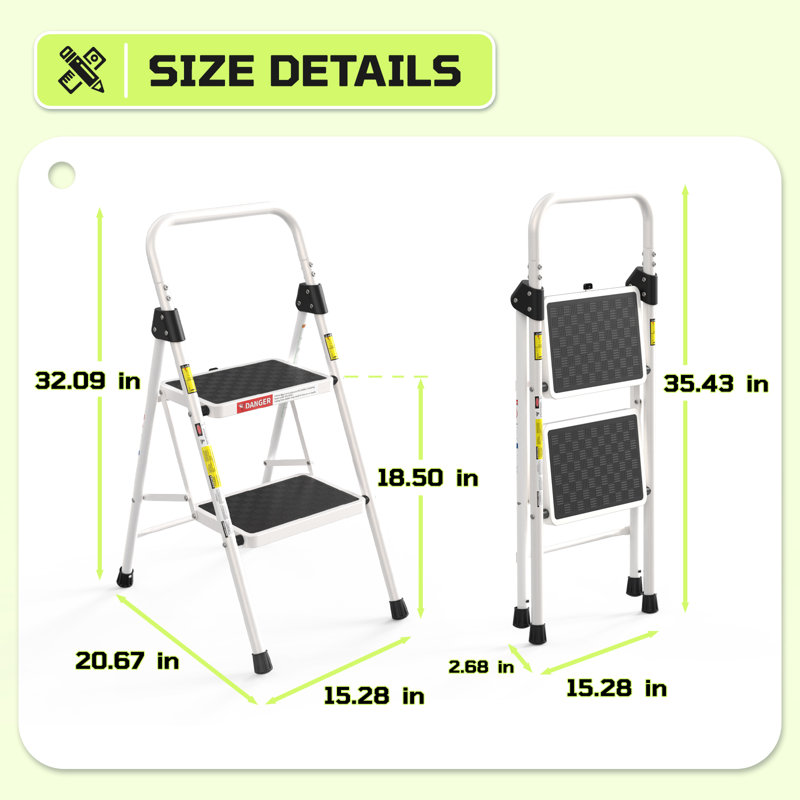 Échelle pliante en 2 étapes pour adultes, escabeau avec poignée rembourrée, pédale large, capacité de poids de 330 lb, White