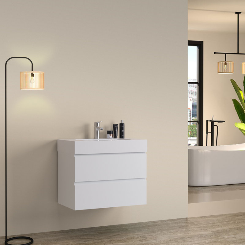 Meuble-lavabo simple 30 po avec comptoir à surface solide 30 po, Blanc brillant, Blanc brillant