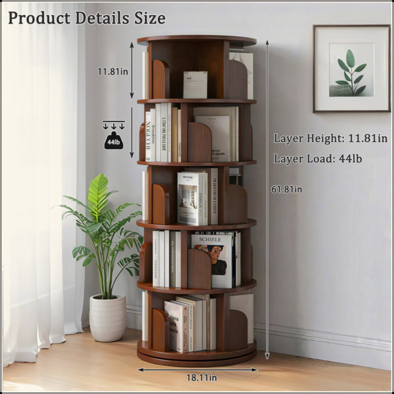5-Tier 360° Rotating Bookshelf Tower - Space-Saving Round Spinning Display Shelf for Bedroom, Living Room, Home & Office
