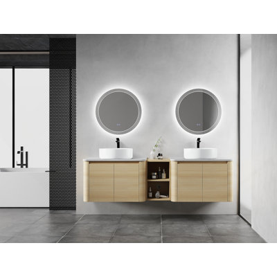 72 Inch Wall-Mounted Bathroom Vanity With Ceramic Art Sink, Storage Shelves, And Soft-Close Doors For Modern Bathrooms