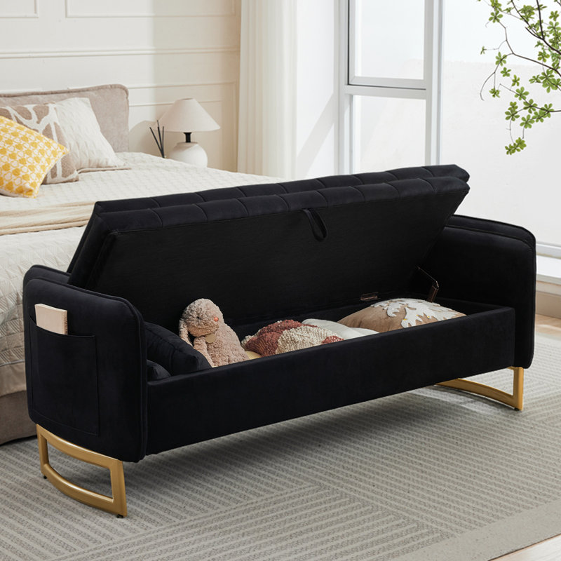 66"W Velvet Bedroom Storage Bench End of Bed King Size with Gold Legs and 2 Pillows,Arm Pocket, Black Velvet