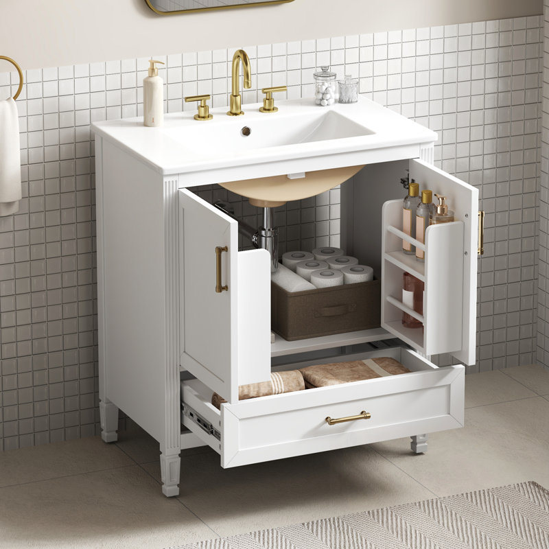Bathroom Vanity with Ceramic Sink, Soft-Close Doors and Drawer, White