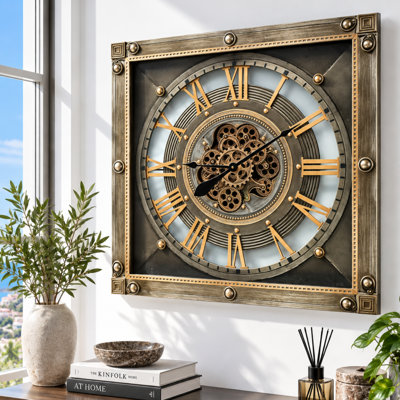 THE GEARS CLOCK Wall Clock with Real Moving Gears LU-LI_ 32 in Square BRONZE-ANTIQUE