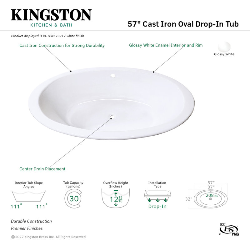 Kingston Brass Aqua Eden 57-Inch Cast Iron Oval Drop-In Tub with Center Drain