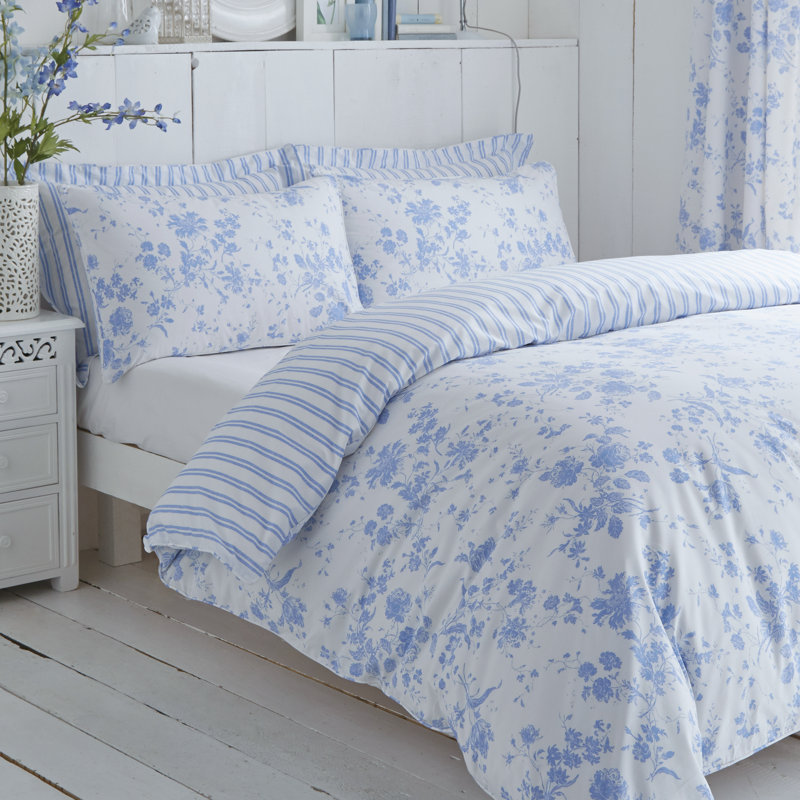 Izetta Polyester Floral Duvet Cover Set with Pillowcases, Kingsize Duvet Cover + 2 Standard Pillowcase, Blue