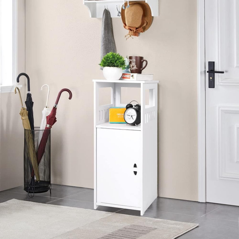 Armoire de salle de bain blanche autoportante avec tablettes ouvertes et portes ...